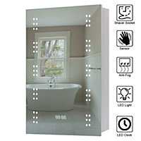 Sensor Wall Bathroom Mirror Cabinet LED Lighting with Shaver Socket and Clock 500 x 700 mm