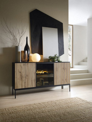 Sento  Sideboard Cabinet (H)830mm (W)1540mm (D)390mm with LED Lighting - Dark Oak And Black Matt