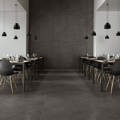 Sentry Matt Black Concrete Effect Porcelain Wall & Floor Tile - Pack of 18 Tiles, 12.96m² - (L)600(W)1200mm