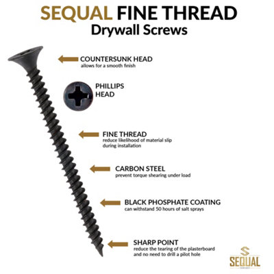 SEQUAL Fine Thread Drywall Screws, Corrosion-Resistant Twin Thread, M3.5 x 50mm (Box of 200)