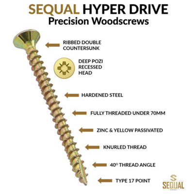 SEQUAL Hyper Drive Wood Screws, Self Countersinking Head, With Knurled Thread, M4x70mm (Box Of 100)