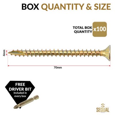 SEQUAL Hyper Drive Wood Screws, Self Countersinking Head, With Knurled Thread, M4x70mm (Box Of 100)