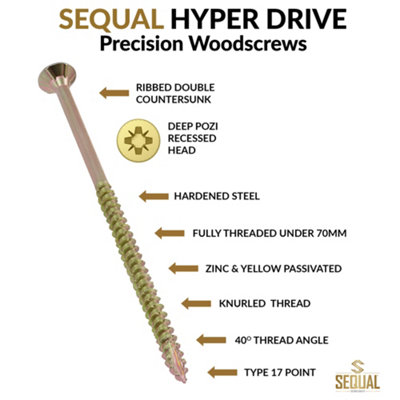 SEQUAL Hyper Drive Wood Screws, Self Countersinking Head, With Knurled Thread, M5x90mm (Box Of 100)