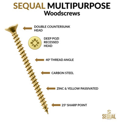 SEQUAL Multi Purpose Screws, Wood Screws Yellow & Zinc Screws Passivated, M5 x 60mm (Box Of 200)