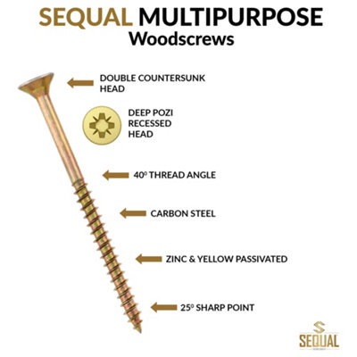 SEQUAL Multi Purpose Screws, Wood Screws Yellow & Zinc Screws Passivated, M5 x 80mm (box of 100