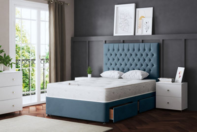 Seraphine Blue Upholstered Divan Bed with Headboard and Four Drawers Double