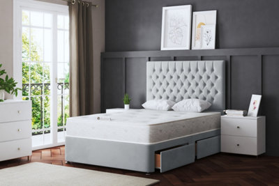 Seraphine Silver Upholstered Divan Bed with Headboard and Four Drawers Double