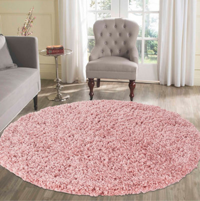 Serdim Rugs Plain Living Room Shaggy Area Rugs Baby Pink Round 120x120 cm