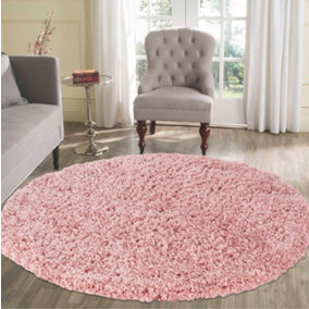 Serdim Rugs Plain Living Room Shaggy Area Rugs Baby Pink Round 120x120 cm