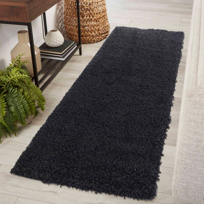 Serdim Rugs Plain Living Room Shaggy Area Rugs Black Runner 60x220 cm