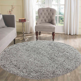 Serdim Rugs Plain Living Room Shaggy Area Rugs Grey Round 120x120 cm