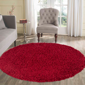 Serdim Rugs Plain Living Room Shaggy Area Rugs Red Round 120x120 cm