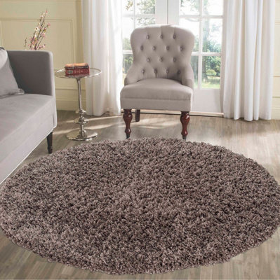 Serdim Rugs Plain Living Room Shaggy Area Rugs Taupe Round 120x120 cm
