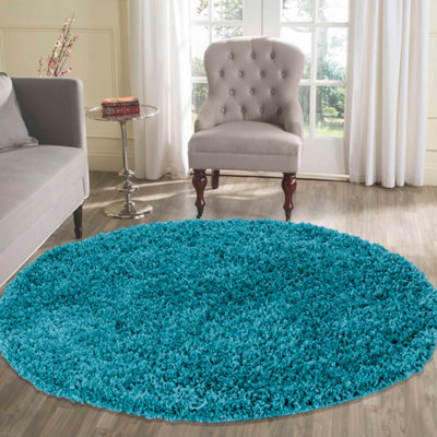 Serdim Rugs Plain Living Room Shaggy Area Rugs Teal Round 120x120 cm