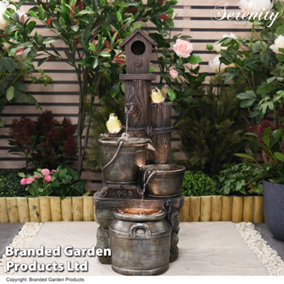 Serenity Bird House Water Feature Cascading with 12 LED Illumination, 89cm Tall, 10m Cable, Self-Contained, Polyresin