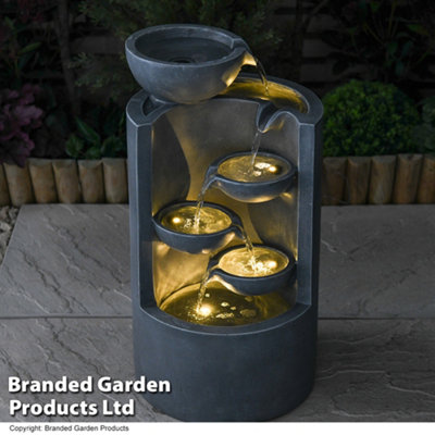 Serenity Four Bowl Cascading Water Feature With LED Lights Polyresin Stone-Effect Design Self Contained