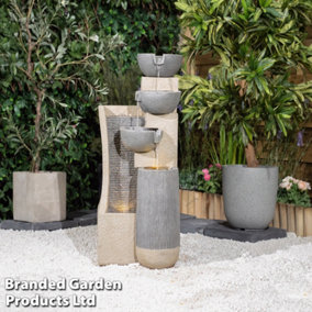 Serenity Garden Cascading Four Bowl and Wall Water Feature, Tipping Bowls Water Fountain with LED Lights, Freestanding Ornament