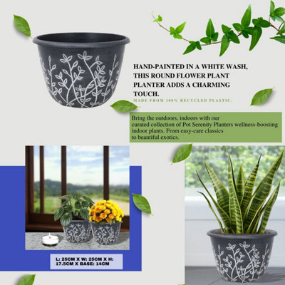Serenity Pot Planter Round Plastic Black White Flower Plant Garden 25cm 3Pcs - 4