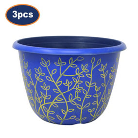 Serenity Pot Planter Round Plastic Blue Yellow Flower Plant Garden 30cm 3Pcs