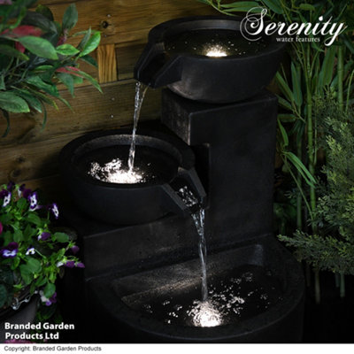 Serenity Three Bowl Cascading Water Feature LED Lighting Self Contained