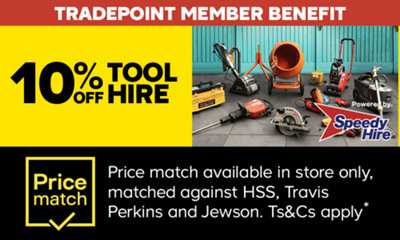 Tradepoint member benefit 10% off tool hire. Price match available in store only matched against HSS, Travis Perkins and Jewson. T&Cs apply. Powered by Speedy Hire.