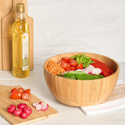 Serving Bowl Salad Kitchen Bamboo Round Wooden Snack Mixing Dessert Dinnerware - 7