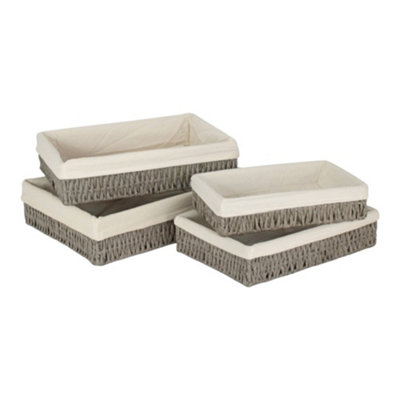 Set 4 Rectangular Grey Straight-sided White Cotton Line Paper Rope Trays