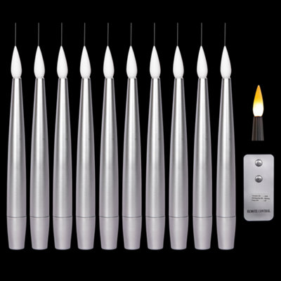 Set of 10 15cm Floating Silver Static Flicker Battery Candle with Remote Control in Warm White