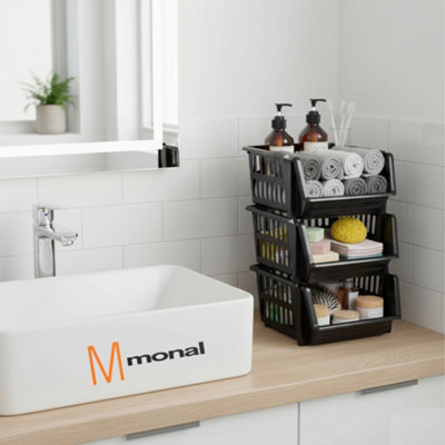 Set of 12 - 18cm Plastic Stacking Storage Baskets - Black