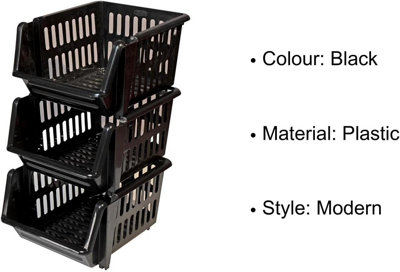Set of 12 - 18cm Plastic Stacking Storage Baskets - Black