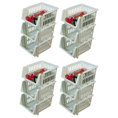 Set of 12 - 18cm Plastic Stacking Storage Baskets - Cream