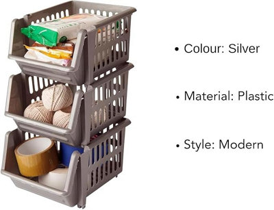 Set of 12 - 18cm Plastic Stacking Storage Baskets - Silver
