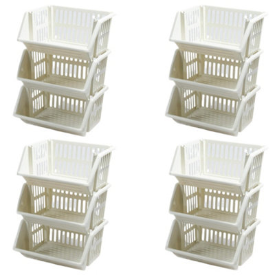 Set of 12 - 35cm Cream Plastic Stacking Storage Baskets - Multi-Purpose ...