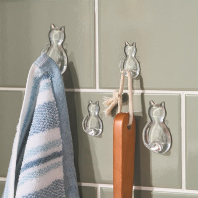 Set of 12 Cat-Shaped Wall Hooks - Versatile Transparent Cat Design Hook with Adhesive Backing - 6 Small & 6 Large