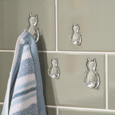 Set of 12 Cat-Shaped Wall Hooks - Versatile Transparent Cat Design Hook with Adhesive Backing - 6 Small & 6 Large