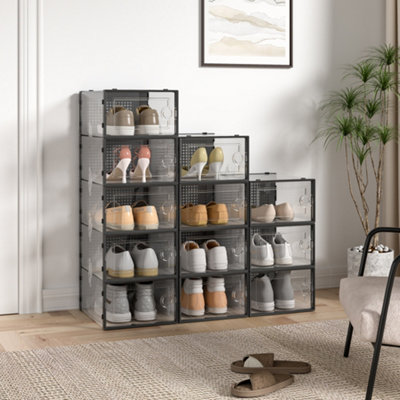Set of 12 Clear Rectangular Plastic Stackable Shoe Storage Box Shoe ...