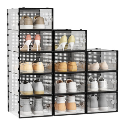 Set of 12 Clear Rectangular Plastic Stackable Shoe Storage Box Shoe Organiser