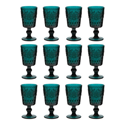 Set of 12 Luxury Embossed Dark Green Drinking Wine Glass Wine Goblets 290ml