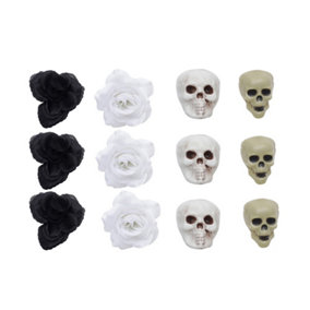 Set of 12 Miniature Plastic Halloween Skulls Roses Ornament Set Party Decoration Props