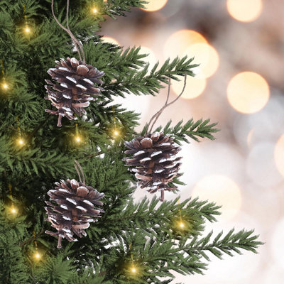 Set of 12 Pinecone Christmas Tree Decorations with Hanging Loop - Festive Xmas Rustic Pine Cone Bauble Home Decor - White Tipped
