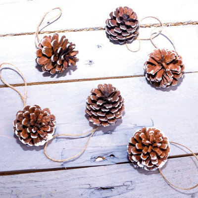 Set of 12 Pinecone Christmas Tree Decorations with Hanging Loop - Festive Xmas Rustic Pine Cone Bauble Home Decor - White Tipped