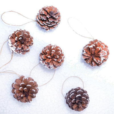 Set of 12 Pinecone Christmas Tree Decorations with Hanging Loop - Festive Xmas Rustic Pine Cone Bauble Home Decor - White Tipped