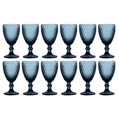 Set of 12 Vintage Blue Embossed Diamond Drinking Wine Glass Goblets Father's Day Wedding Decorations Ideas