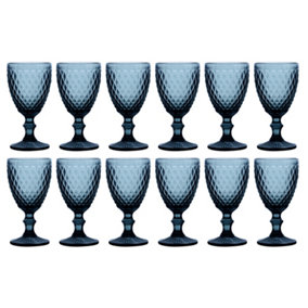 Set of 12 Vintage Blue Embossed Diamond Drinking Wine Glass Goblets Wedding Decorations Ideas