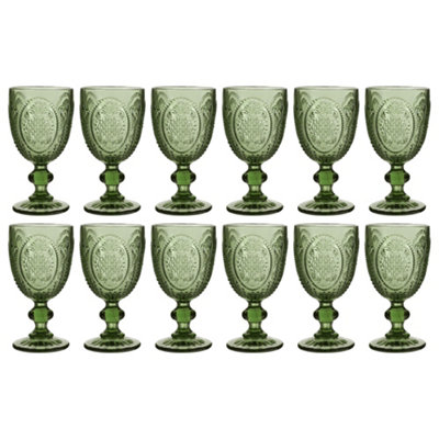 Set of 12 Vintage Green Embossed Drinking Goblet Wine Glasses Father's Day Wedding Decorations Ideas