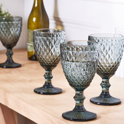 Set of 12 Vintage Grey Diamond Embossed Drinking Wine Glass Goblets Father's Day Wedding Decorations Ideas