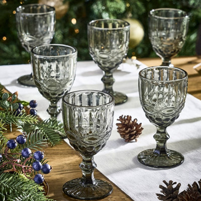 Set of 12 Vintage Luxury Smokey Grey Wine Goblets Drinking Glass Festive  Decor Glassware 270ml