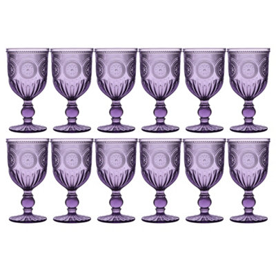 Set of 12 Vintage Purple Embossed Drinking Wine Glass Goblets