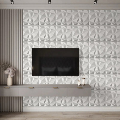 Set of 12 White 3D Decorative Wall Panels Set,Diamond,500 x 500 mm