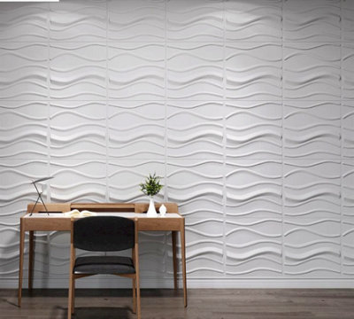 Set of 12 White 3D PVC Decorative Wall Panels Set,Wave,500x500mm